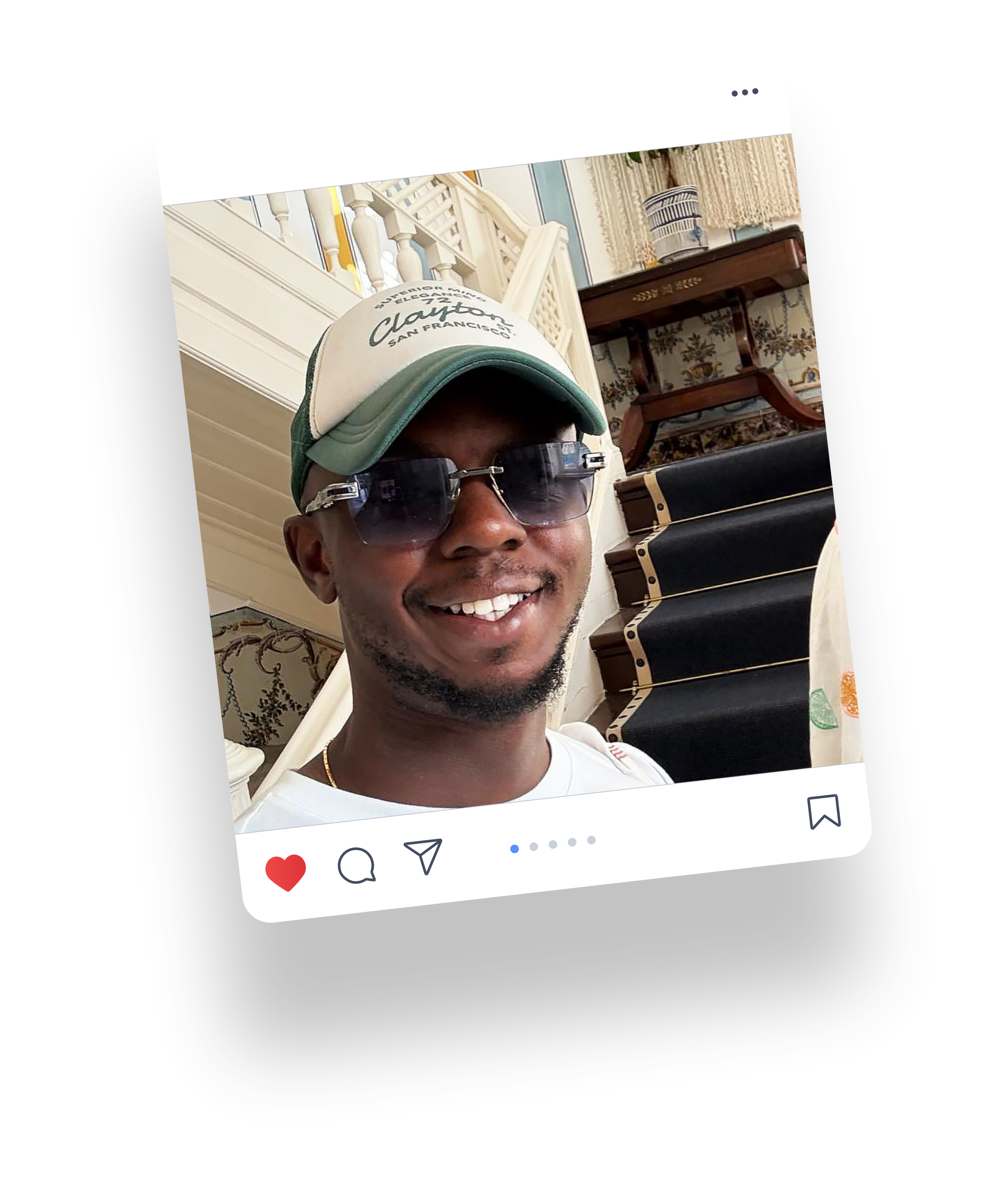 Nonso in a tilted social media photo card